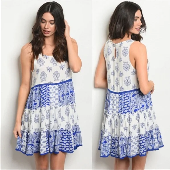 Boho Blue and White Paisley Sleeveless Patchwork Summer Tunic Dress - Picture 1 of 5